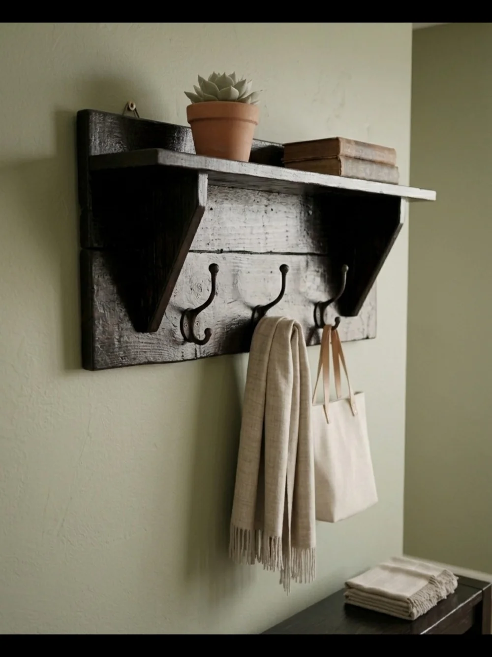 Rustic Dark Brown Wood Wall Shelf with Hooks - Home Wall Decor